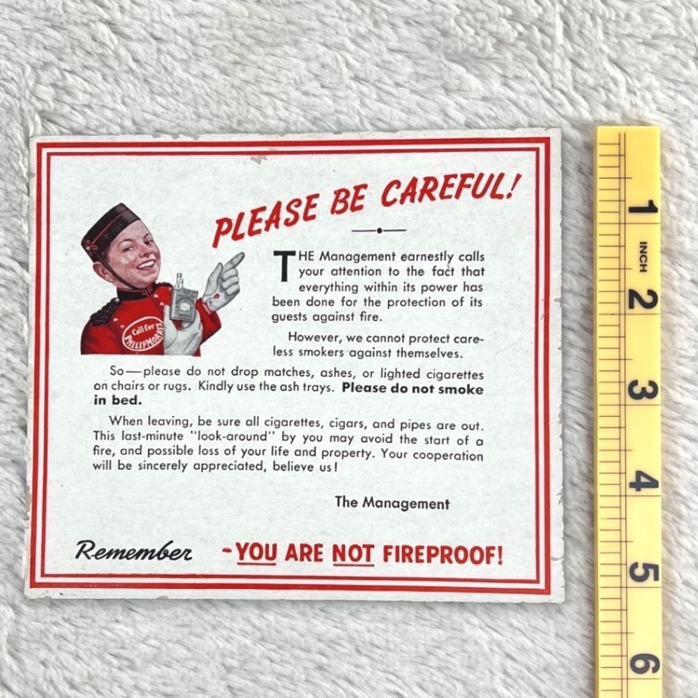 1940s Philip Morris Vintage Advertising 6" Card Hotel Fire Safety Cigarette - Picture 3 of 11